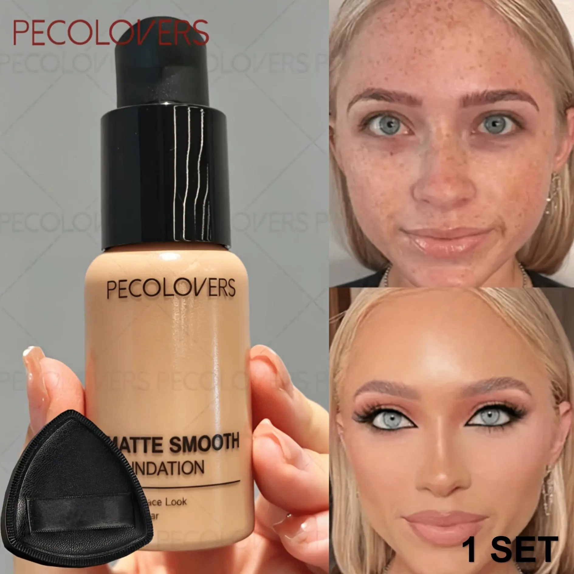 1SET Liquid Foundation Set, Full Coverage Liquid Foundation + Black Triangle Puff, Lightweight, Matte Finish, Flawless Coverage, Daily Travel Essential, Covers Blemishes, Resistant to Water And Sweat, Ideal for Everyday Makeup Styles