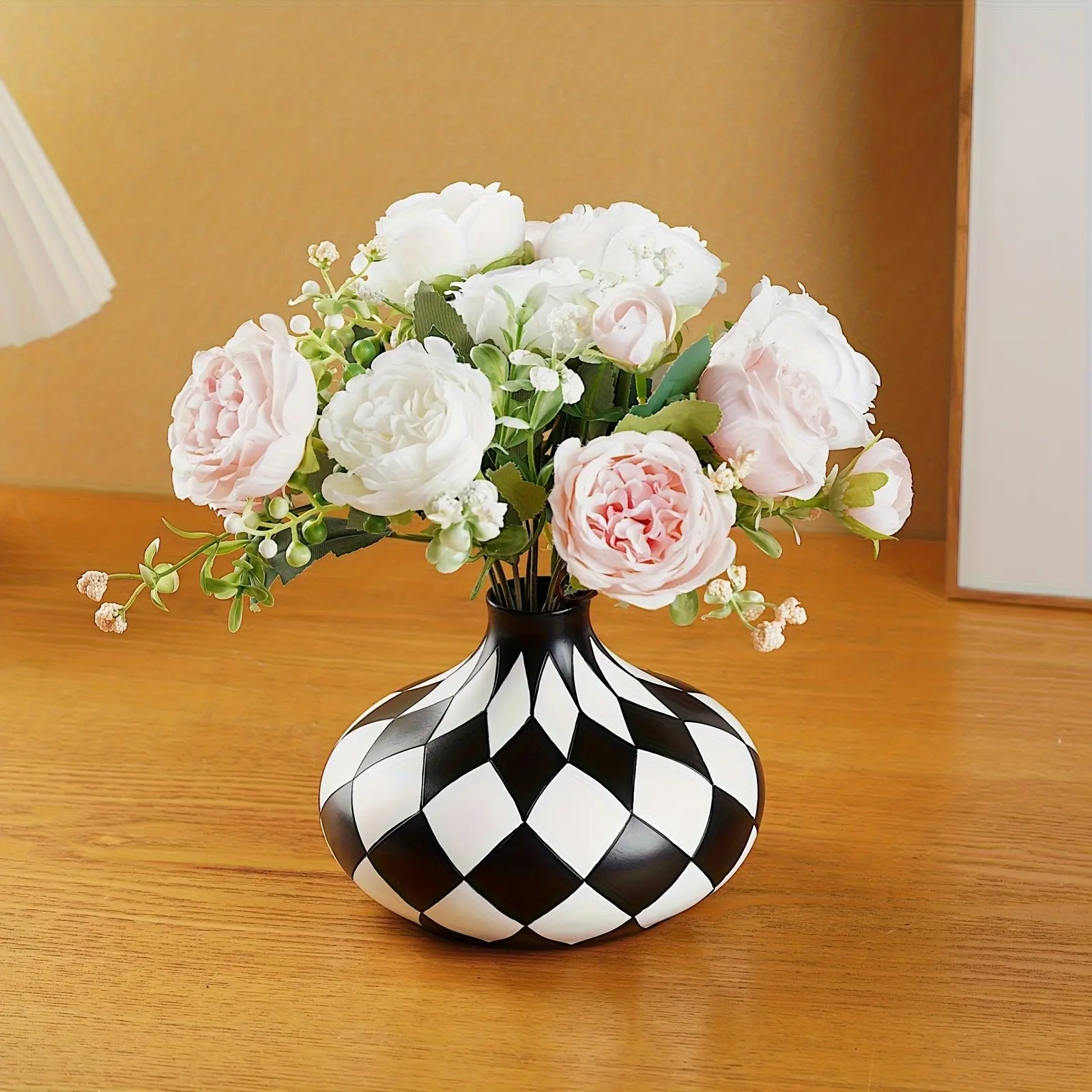 Vase with a Black And White Checkered Design for Home Decor, Featuring an Artificial Flower Arrangement, a Stylish And Easy Decorative Piece for The Living Room
