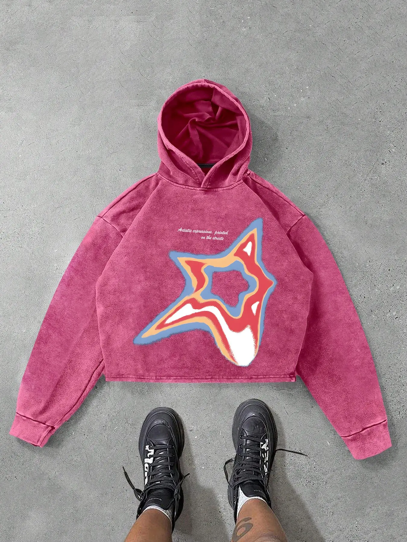 Men's Vintage Washed Gray Abstract Star Graphic Hoodie, Cropped Boxy Long Sleeve Pullover Sweatshirt, Casual Streetwear Top for Fall and Winter#MensHoodie #WashedGrayHoodie #AbstractStar #StarGraphicHoodie#GraphicHoodie #VintageHoodie #CroppedHoodie
