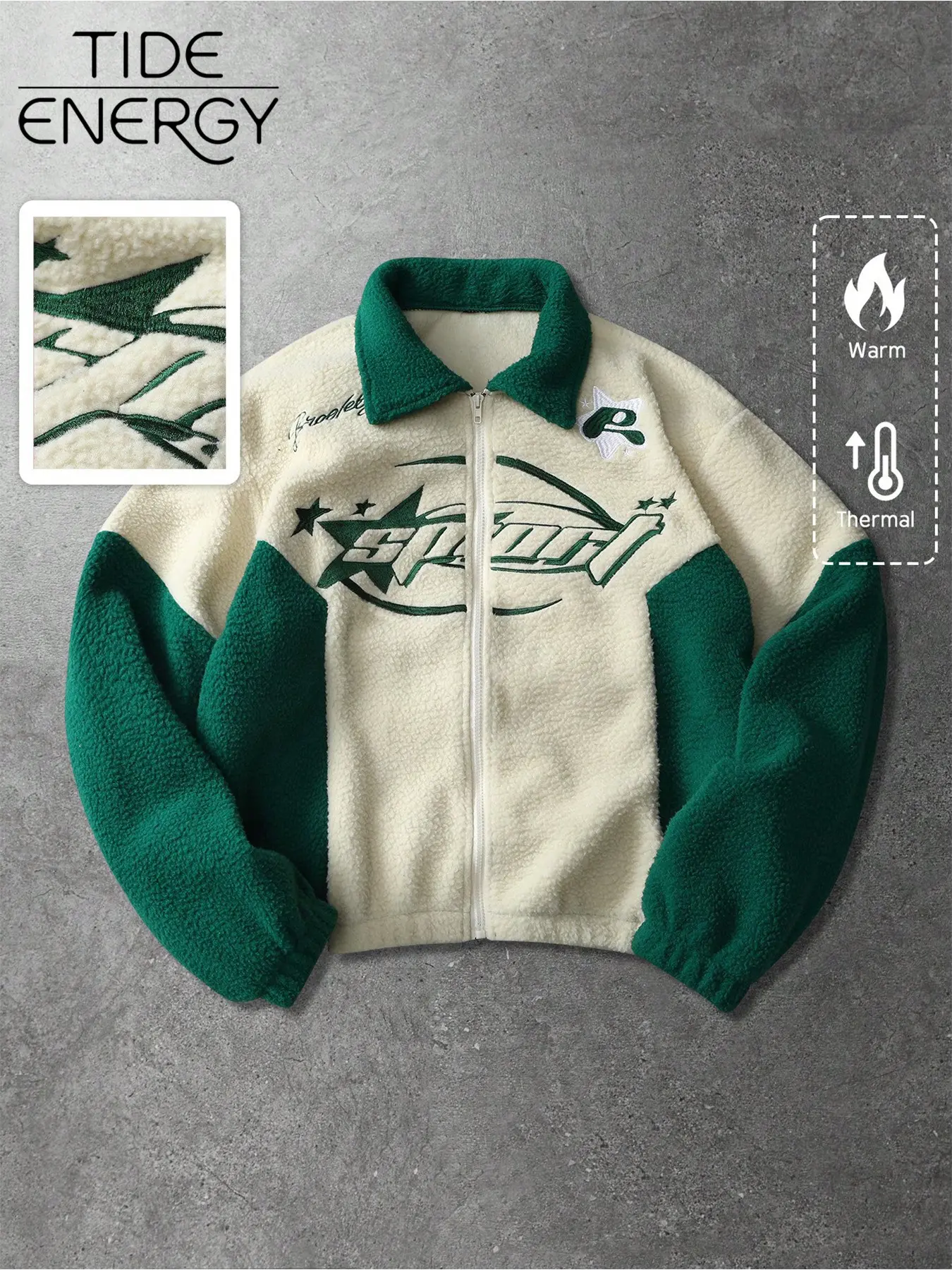 Star Pattern Embroidered Colorblock Fleece Zipper Jacket, Soft Warm Polar Fleece Retro Streetwear, Unisex Fall Winter Outerwear