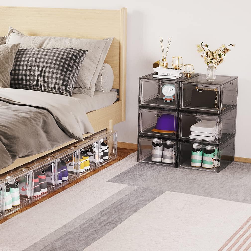 15 XXL 8 Pack Shoe Storage Box, Shoe Boxes Clear Plastic Stackable, Shoe Container for Organizing Sneaker and Basketball Shoes (XL BLACK 8 PACK)