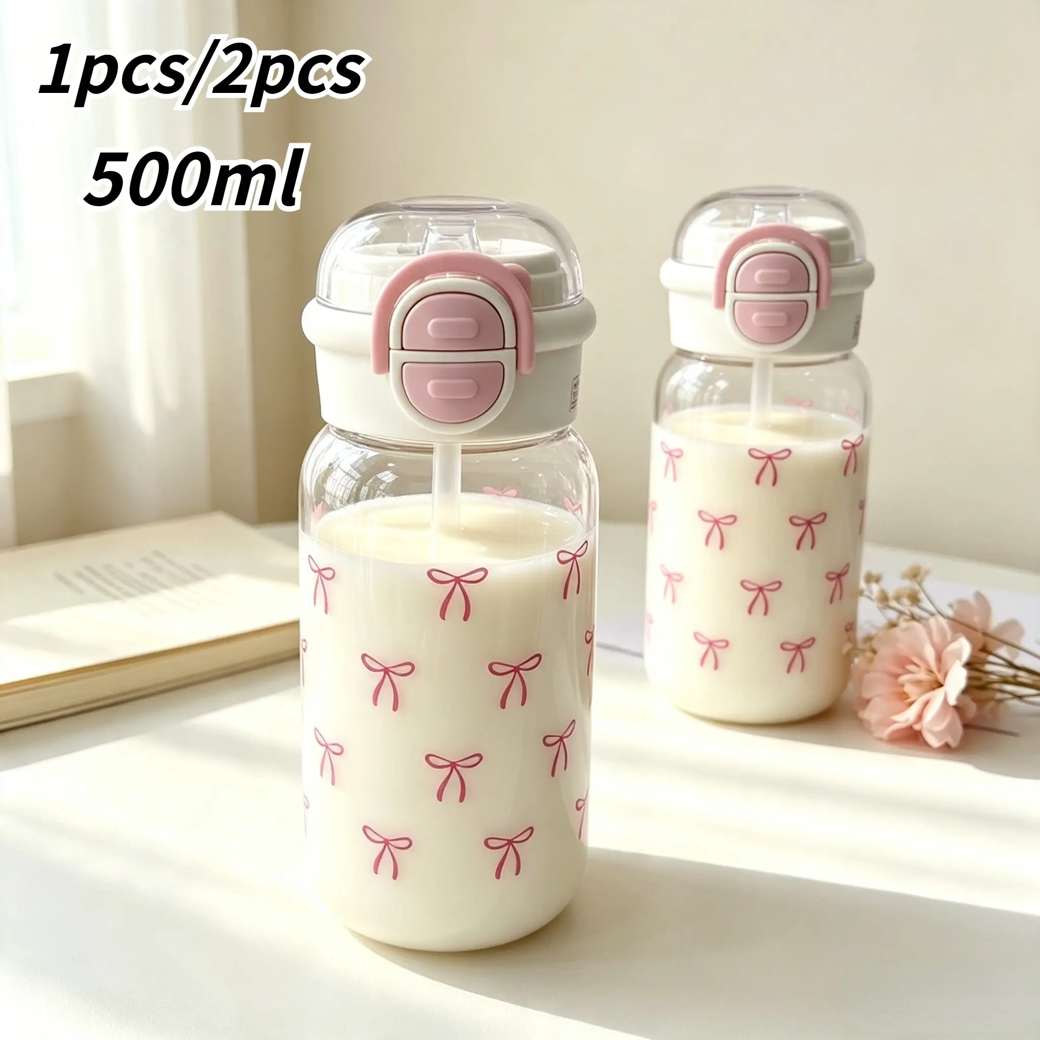 1pcs/2pcs 500ML Bow Water Cup, Cute Dual Drink Cup, Portable Student Straw Cup, Casual Style, Non-Lead Crystal Glass