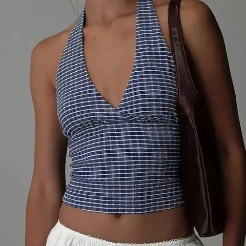 Women's Striped Print Backless Sleeveless Ruched Halter Crop Top, Casual Chic Sleeveless Elegant Sexy Top for Summer, Women's Clothing for Daily Wear, Plunge Neck Top, Casual Fitted Sleeveless, Halter Neckline Top, Halter Neck Design