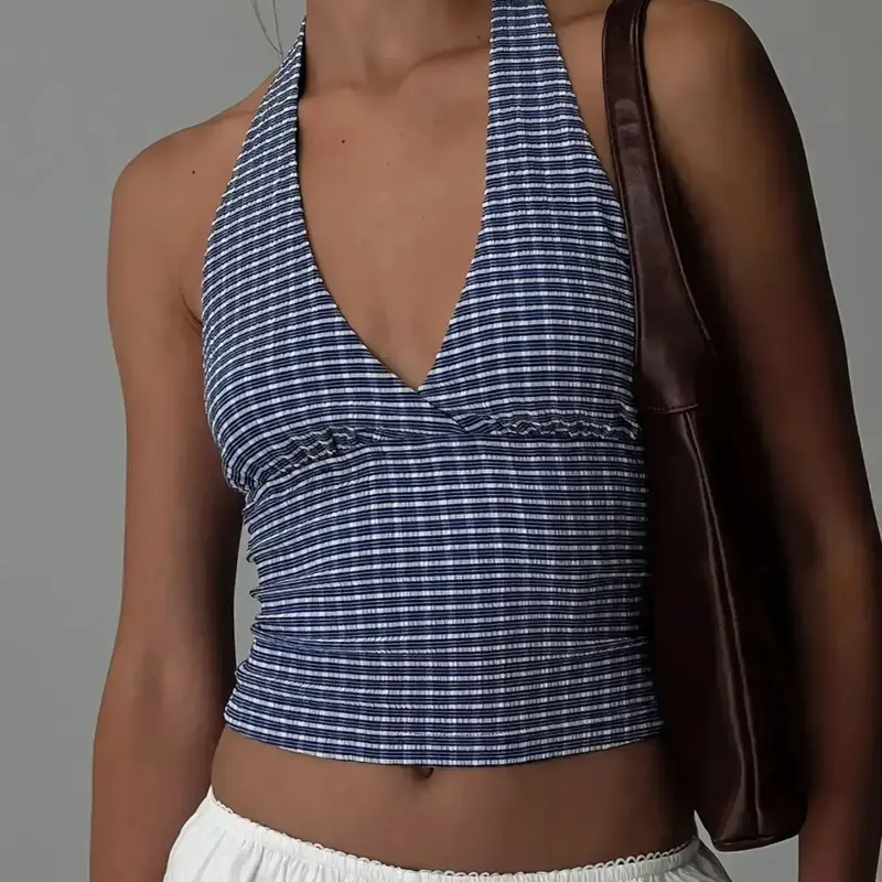 Women's Striped Print Backless Sleeveless Ruched Halter Crop Top, Casual Chic Sleeveless Elegant Sexy Top for Summer, Women's Clothing for Daily Wear, Plunge Neck Top, Casual Fitted Sleeveless, Halter Neckline Top, Halter Neck Design