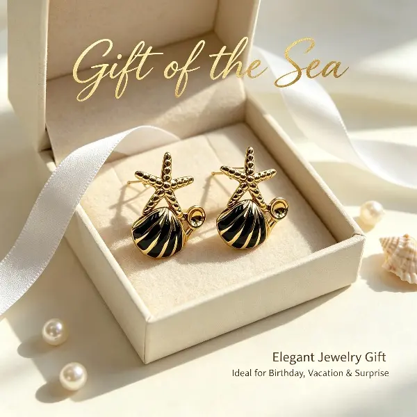 Women's Gold-Tone Starfish Shell Stud Earrings with Black Enamel, Vintage Nautical Ocean-Themed Costume Jewelry for Beach Holiday Party Gifts