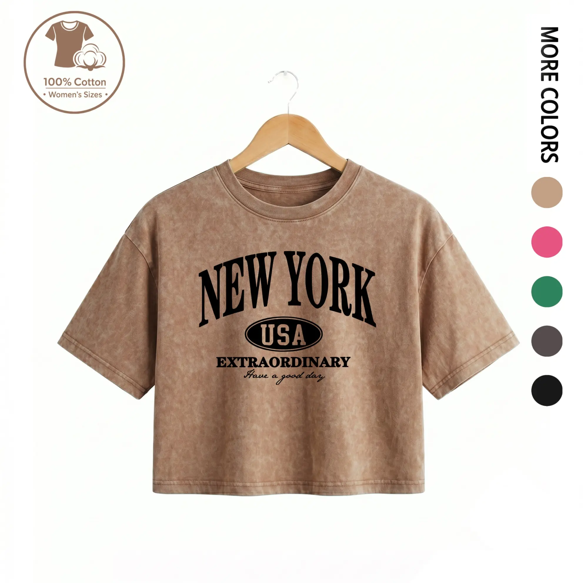 Women’s 100% Cotton Garment Washed “NEW YORK” Graphic Cropped Tee, Vintage Street Style Summer Slim Fit Crop Top Casual T-Shirt