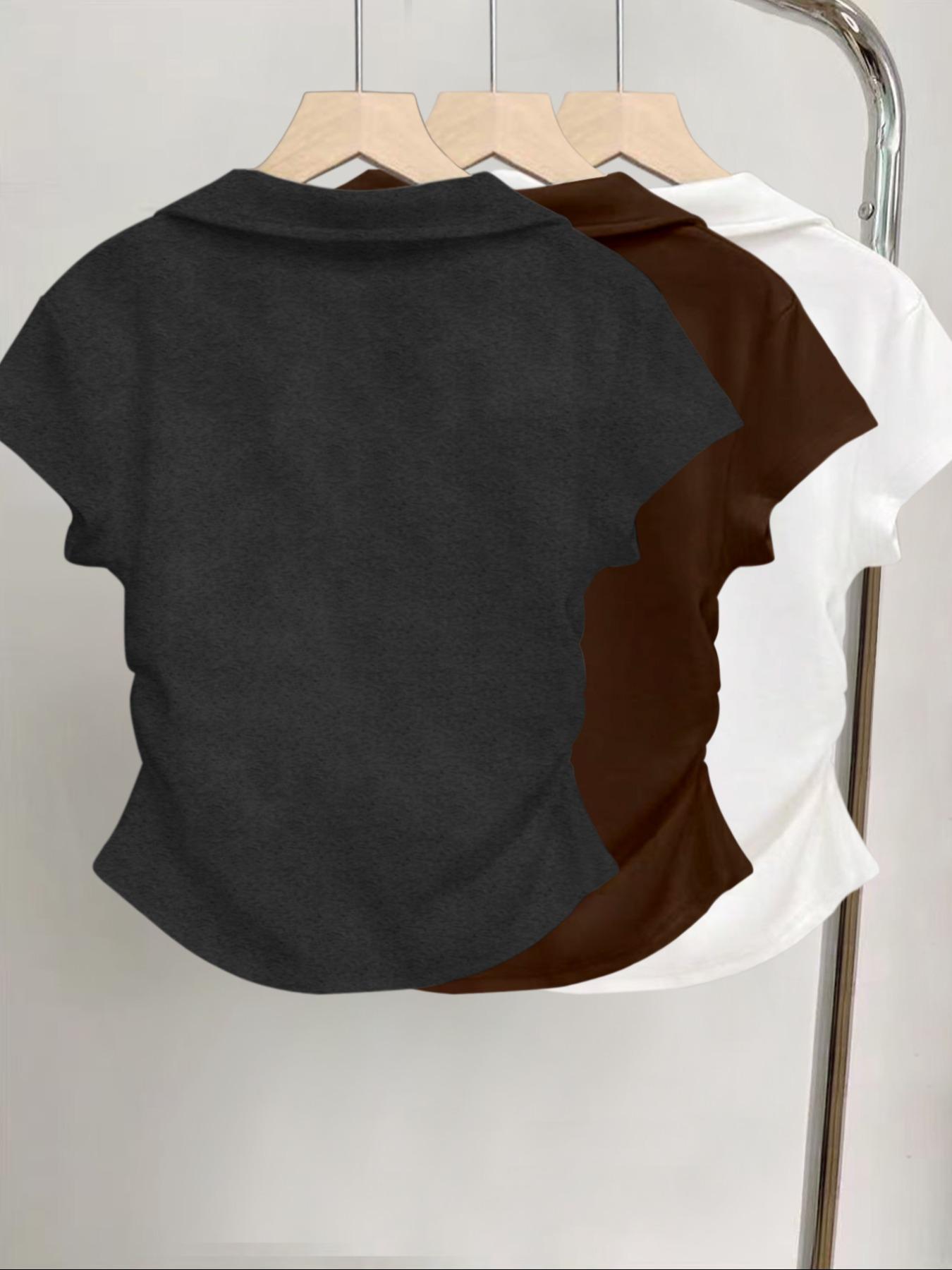 3pcs women's casual fashion butterfly pattern details simple solid color pleated polo collar pullover shirt women's short sleeved three piece T-shirt Polo Shirt Set