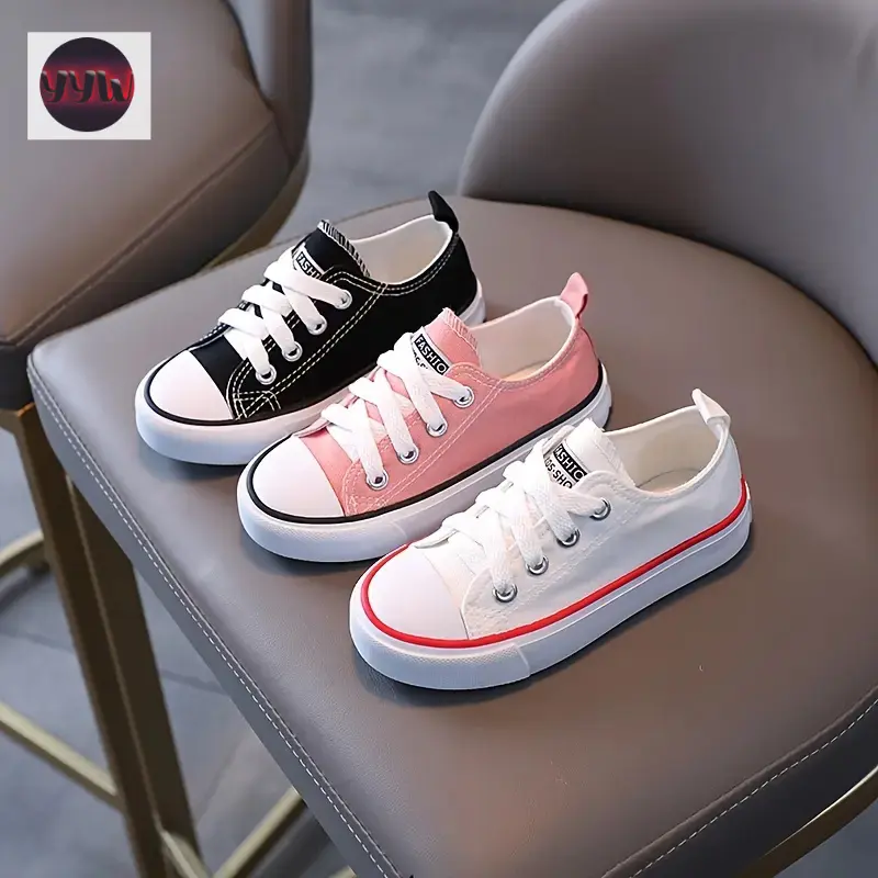 YYW1 Kids' Low-Top Canvas Sneakers - Breathable Inner Perforation, Durable Rubber Sole, Lightweighmfortable, Black/White/ Pink, Lace-Up Design Boys & Girls, Casual Shoes |           Laceup Sneakers |           Canvas Upper Sneaker