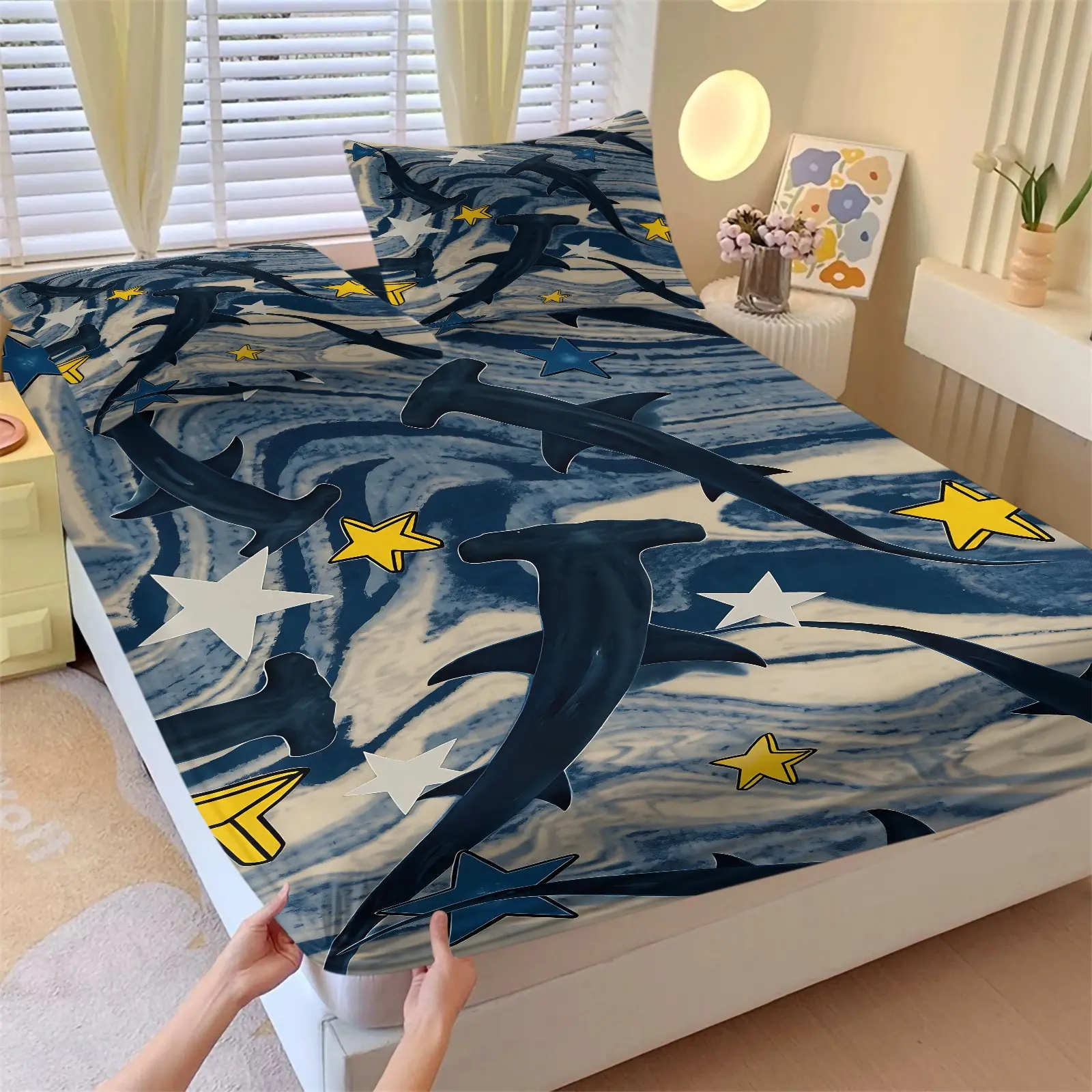 Dark Blue Marble Texture Hammerhead Shark Star Print Fitted Sheet Set (1 Fitted Sheet + 2 Pillowcases),Elastic Skin-Friendly Microfiber,Non-Slip Deep Pocket Design,Cool Nautical Decor For Teen Room & Dorm