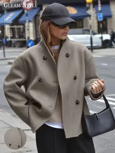 2026 Spring Fall European Style Twin-Breasted Plain Wool Coat, Casual Fitted Long Sleeve Outerwear with Pockets, Women's British Fashion Top
