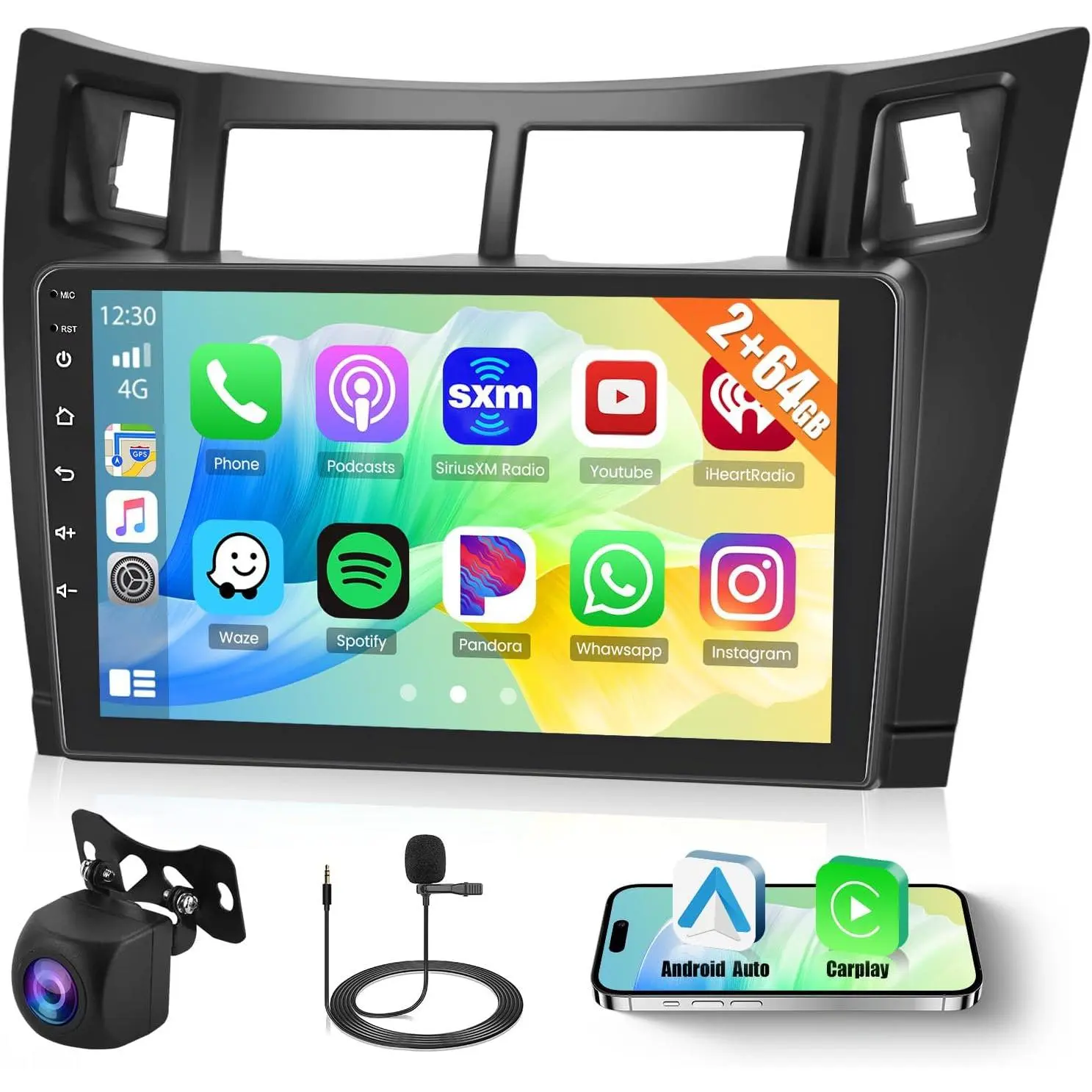 Rimoody 9 Inch HD Single-Din Touchscreen Android 15 Car Radio [2+64GB] for Toyota Yaris 2006-2011, Bluetooth Stereo Car Video Player with CarPlay, Android Auto, GPS, WiFi, FM/RDS, EQ 26UI, Mirror Link, SWC, Backup Camera, MIC, Bluetooth Stereo Car Video P