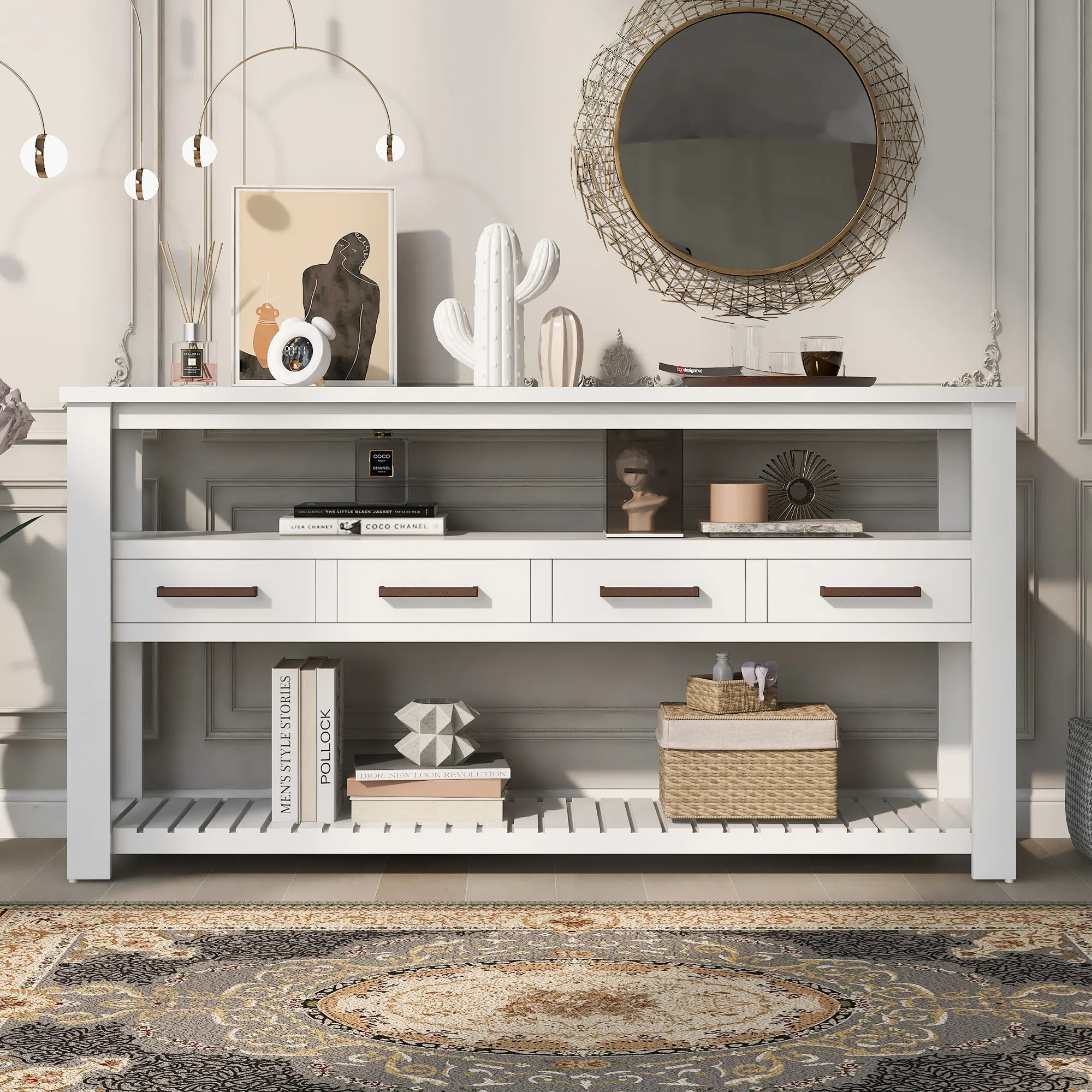 61.5" Console Table with 4 Drawers and 3-Tier Open Shelves, Entryway Sofa Table, White, YATU Living