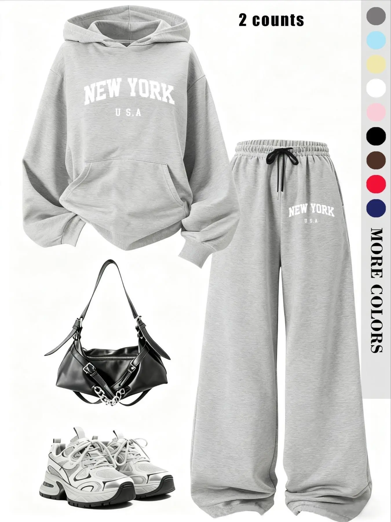 Autumn Winter Hooded Fleece Sweatshirt, New York Usa Print, Loose-Fit Long Sleeve, Drawstring Pants with Pockets, Casual Sports Set