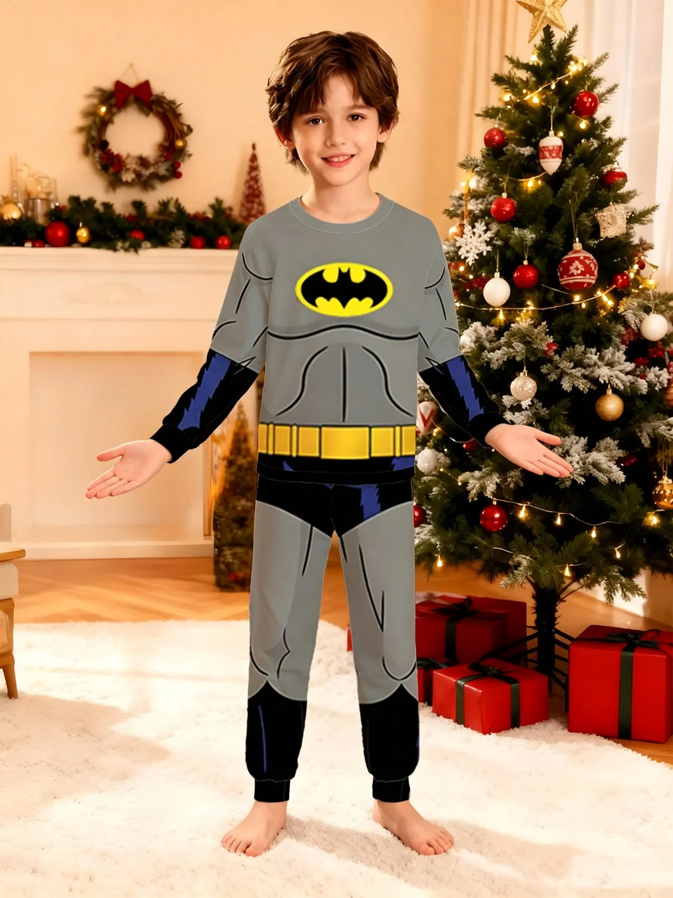 Warner Bros. Official Boys' Long Sleeve Pajama Set, Dc Batman Costume Print, Comfortable Home Wear, Christmas Gift Box, Fall & Winter