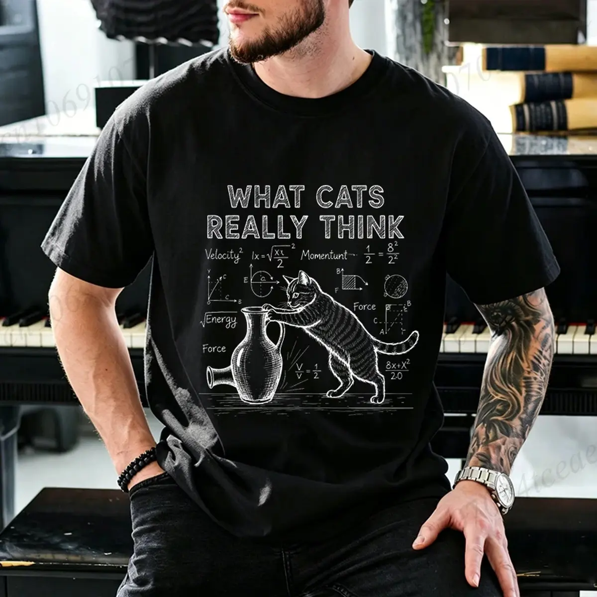 Funny Math Cat Physics Science Joke Graphic T-Shirt, Casual Soft Cotton Short Sleeve Tee, Streetwear Unisex Tops Plus Sizes For Men Women