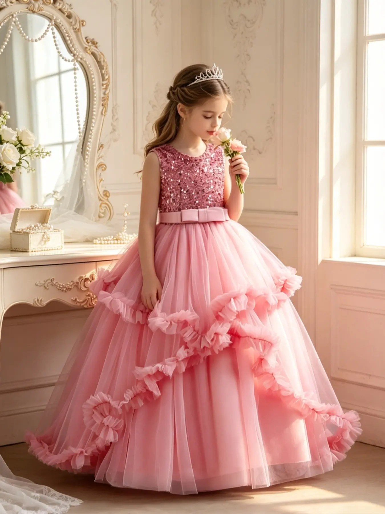 Girls' Elegant Sequin Dress, Princess Gown for Weddings, Birthday Parties, Birthday Dresses, Evening Events, Fitted Long Sleeveless Design, All Seasons