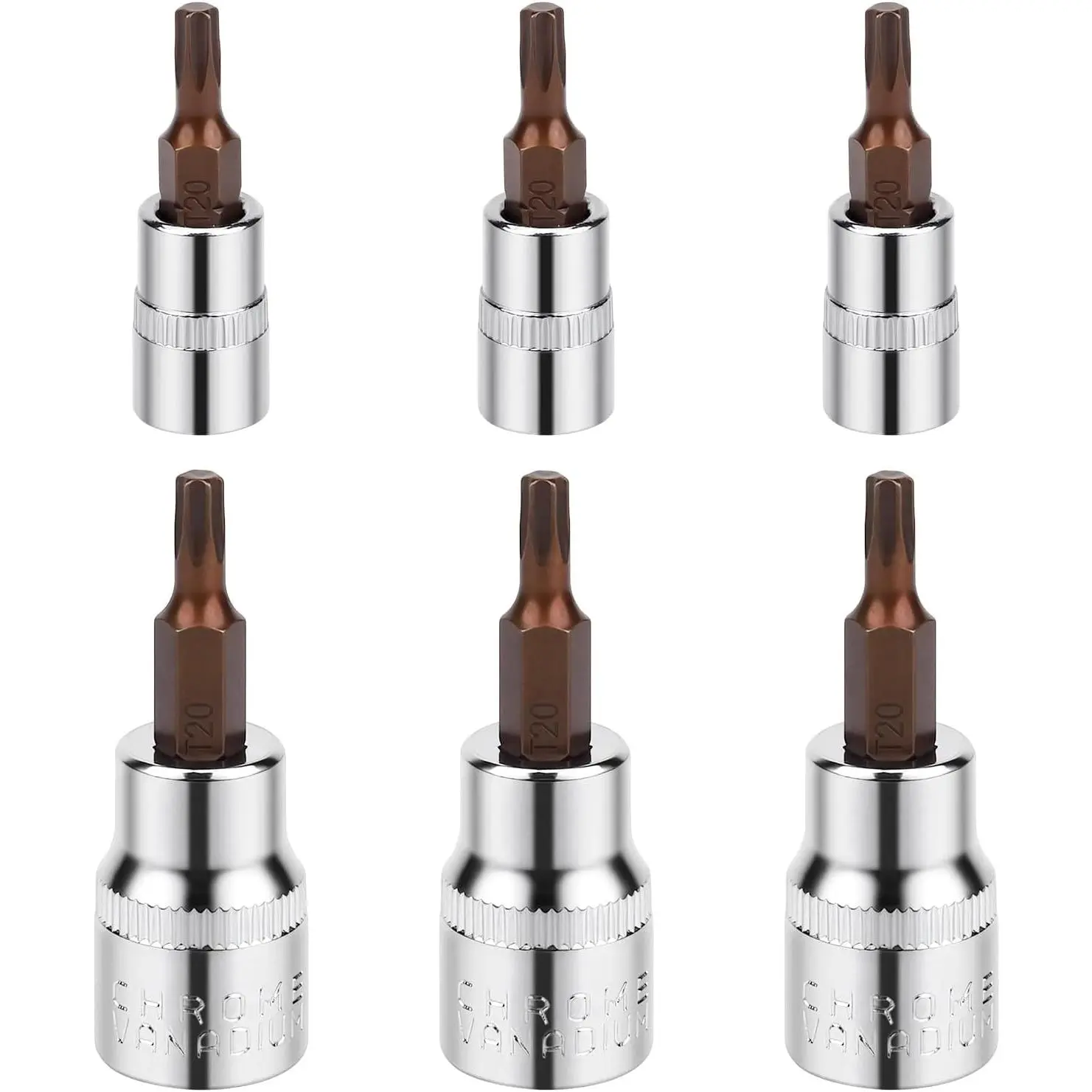 6 count T30 Torx Bit Socket Set - 3 count T30 Torx Bit 1/4" & 3 count 3/8 Drive, CR-V S2 Steel  Sockets for Ratchet,  Drill, Torque Wrench, Slide Bar