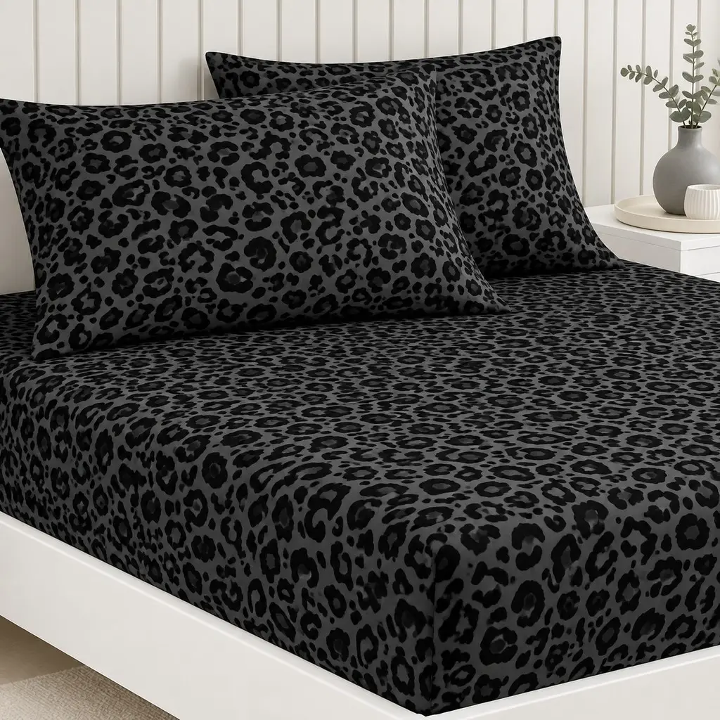 Dark Grey Black Leopard Print Fitted Sheet Set, 3-Piece Animal Pattern Bedding with 2 Pillowcases,  Wrinkle Resistant & Machine Washable Deep Pocket Bed Cover, Interior Decoration Accessory for Bedroom Guest Dorm, Christmas Party Home Decor