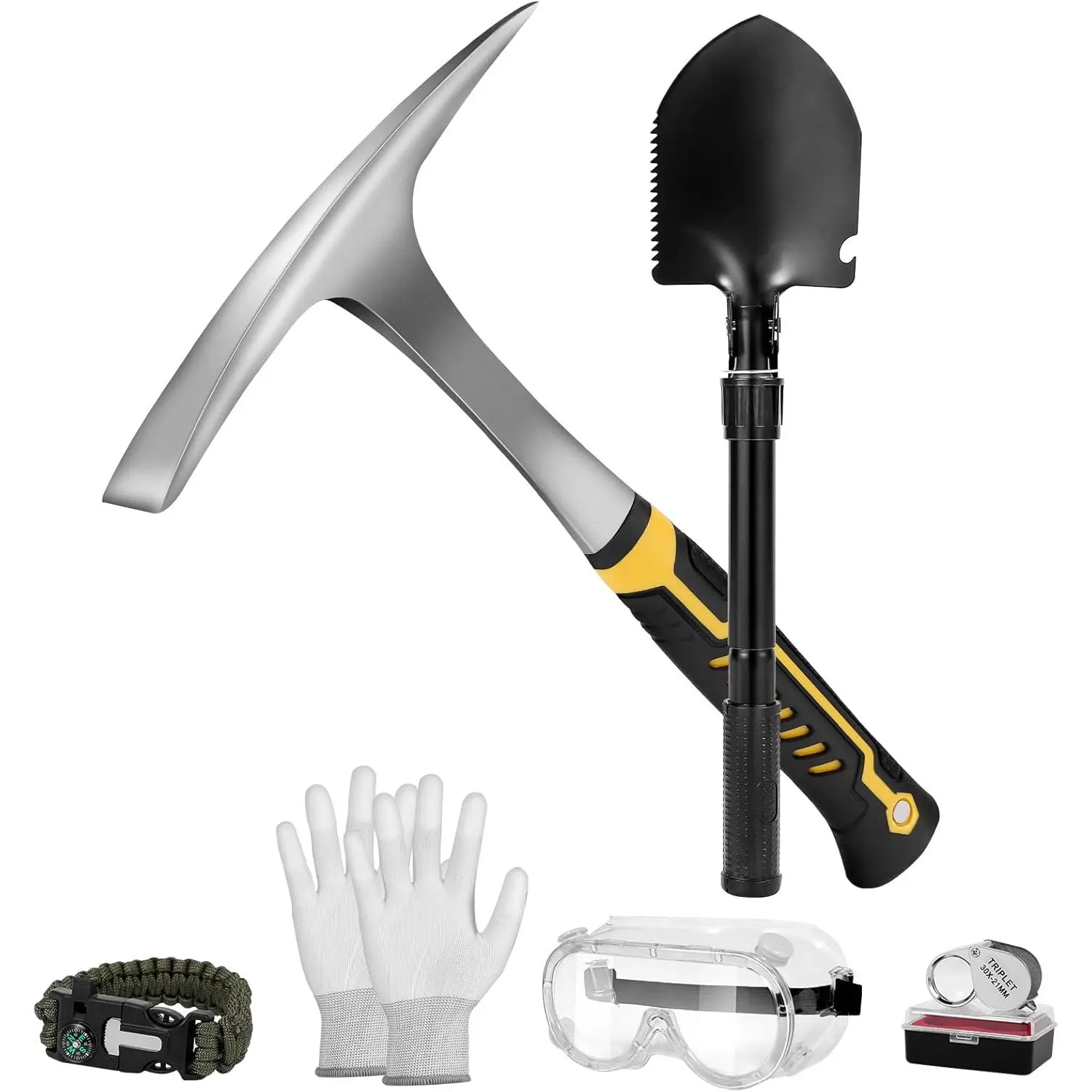 26oz Geologist Rock Pick Tool Kits 12" Folding Multitool Shovel Survival Bracelet Safety Glasses Jewelers Loupe Gloves for Gold Mining Prospecting Stone Breaking Rock Hounding Loosening Soil
