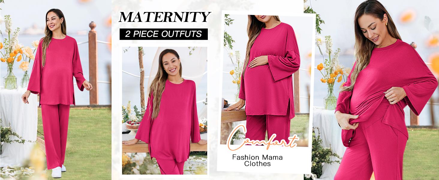 Danedvi Womens Maternity Pajamas Sets 2 Piece Outfits Long Sleeve Tops and Pregnancy Loungewear Mama Clothes with Pockets Plus Size