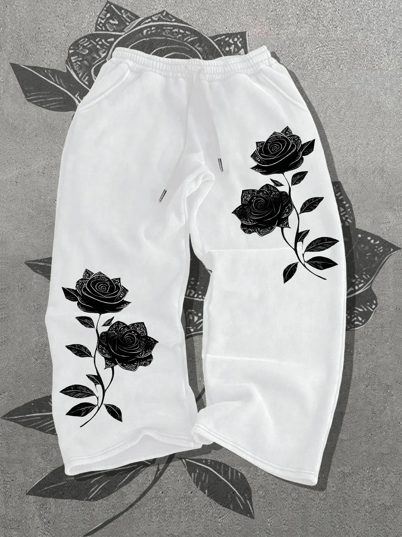 Gothic Rose Print Loose Fit Wide Leg Sweatpants, Drawstring Waist, Pocket Design, Casual Streetwear, Multiple Colors Available