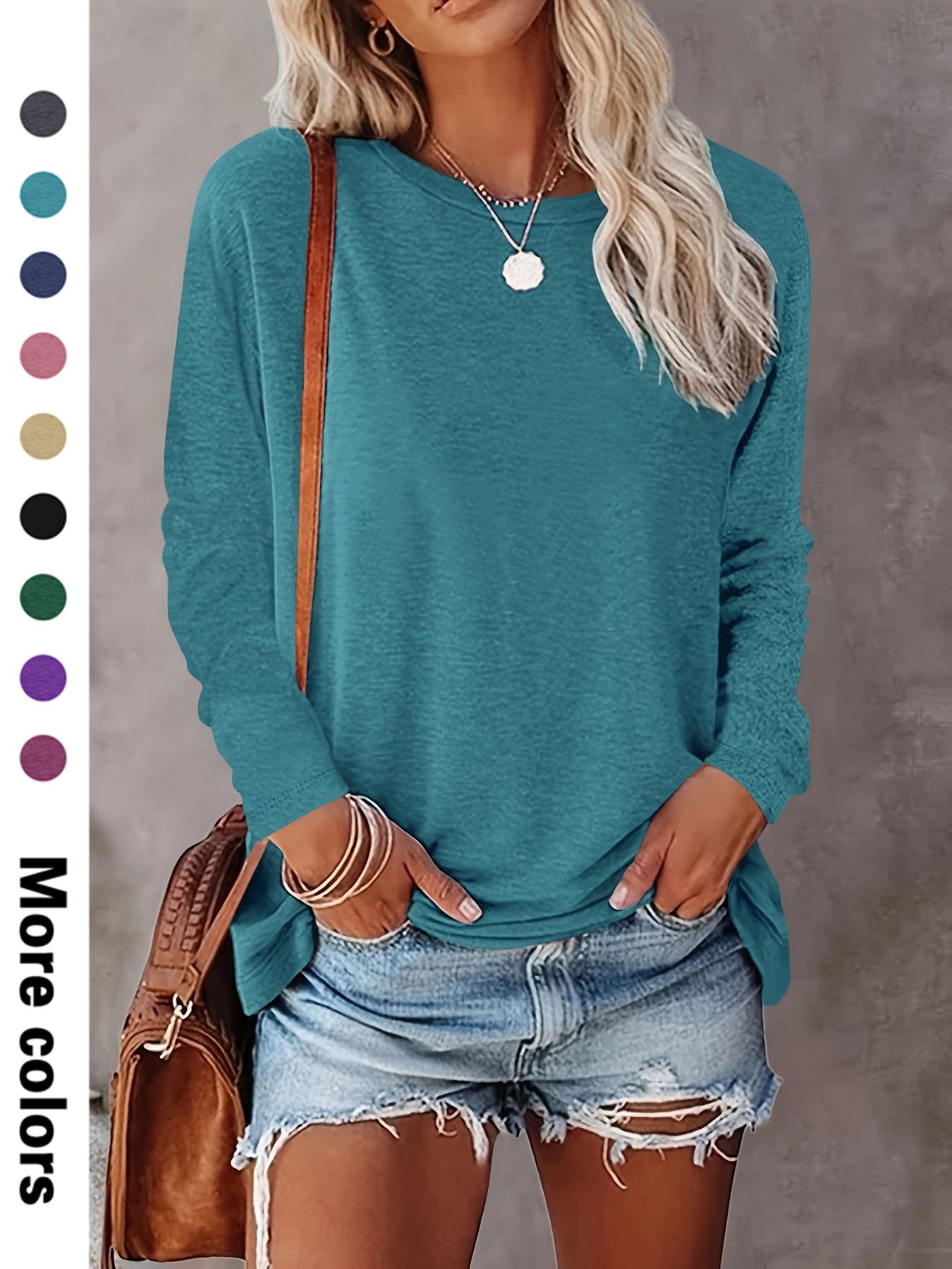 Women's Plain Round Neck Essential Breathable Fabric Tee, Casual Fitted Long Sleeve Crew Neck T-shirt for Spring & Fall, Fashion Women's Top for Daily Wear Piece