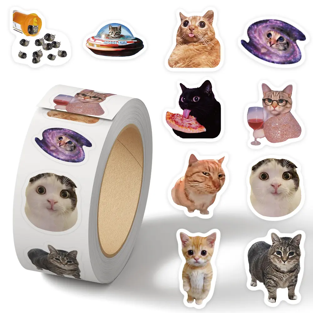 500Pcs Funny Abstract Meme Cat Sticker Roll, Waterproof Cute Kitten Seal Stickers, Decor for Water Bottles, Laptops, Luggage, Journals & Scrapbooking, Perfect Birthday Gift for Cat Lovers and Kids