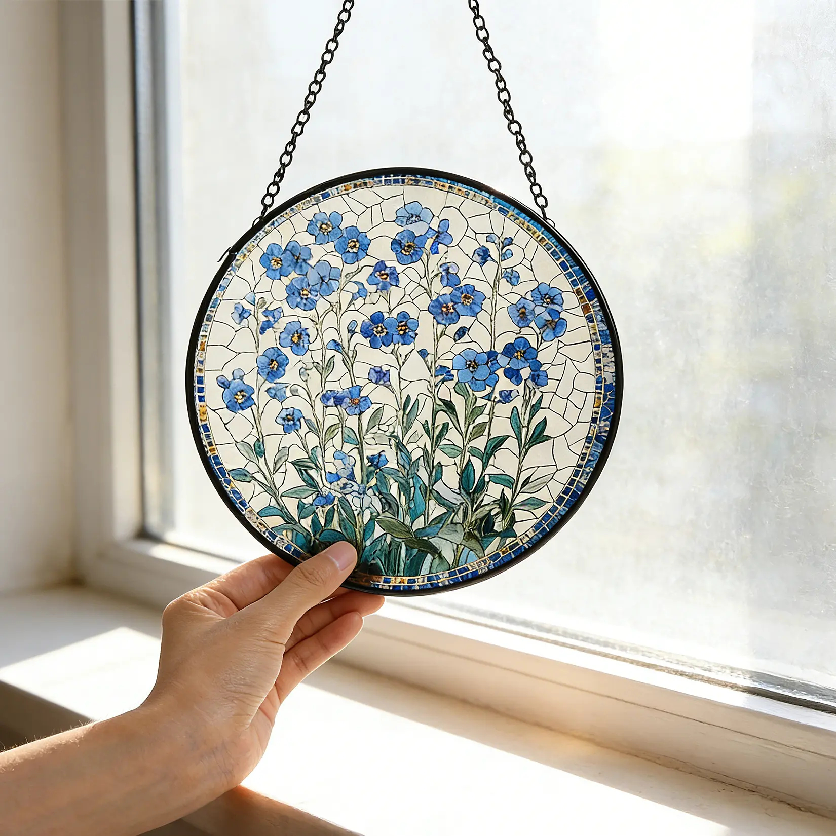 7.9" Colorful Blue Forget-Me-Not Stained Glass Suncatcher, Round Floral Window Hanging with Metal Chain, Home Decor for Patio & Garden, Gift Boxed