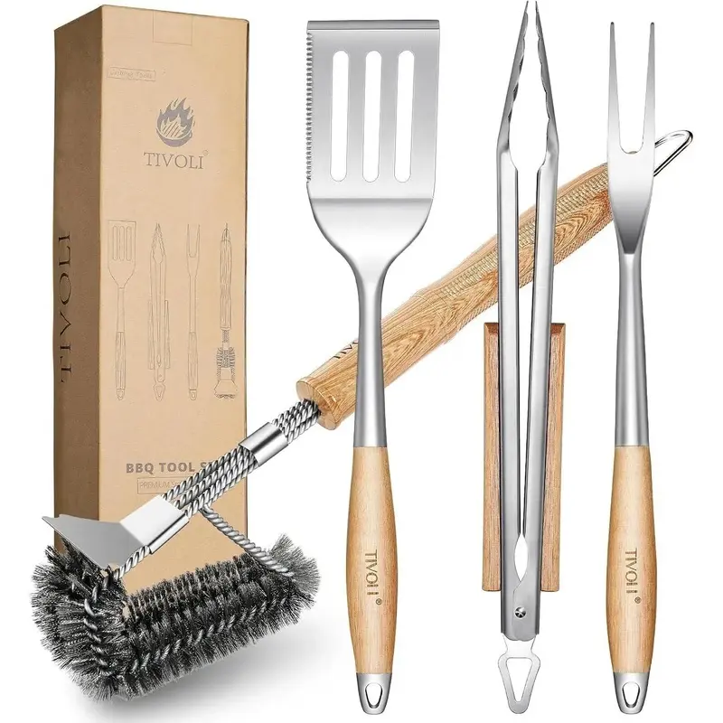 4PCS Grilling Accessories Set - Heavy Duty BBQ Tool Set| Stainless Steel, Heat-resistant, Spatula, Tongs, Fork, Cleaning Brush, Gift Box, for OutdoorGift.