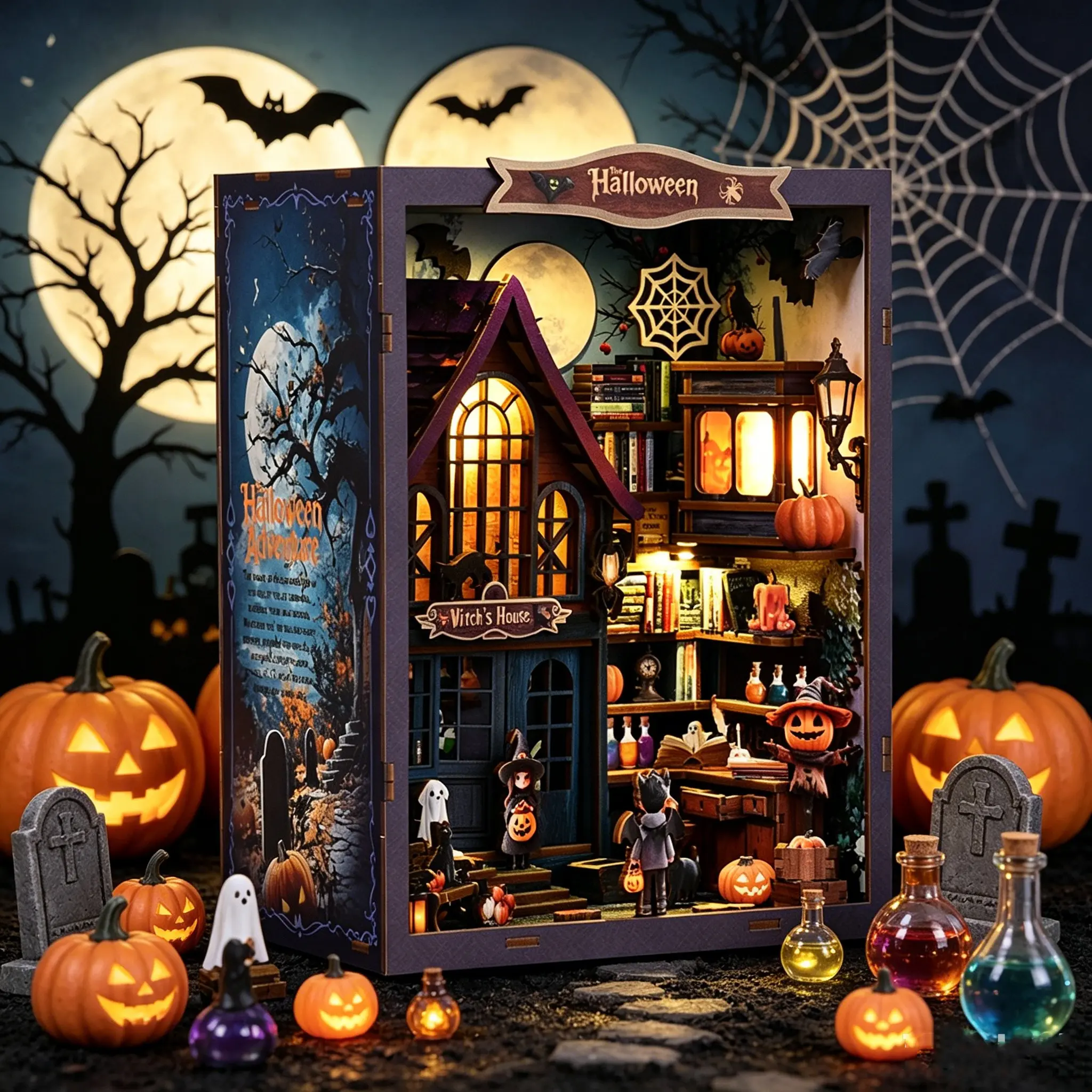 Halloween Book Corner Set, DIY Mini Dollhouse Kit, 3D Wooden Puzzle, Micro House Shelf Decor, Gift for Family and Friends, Miniature Set