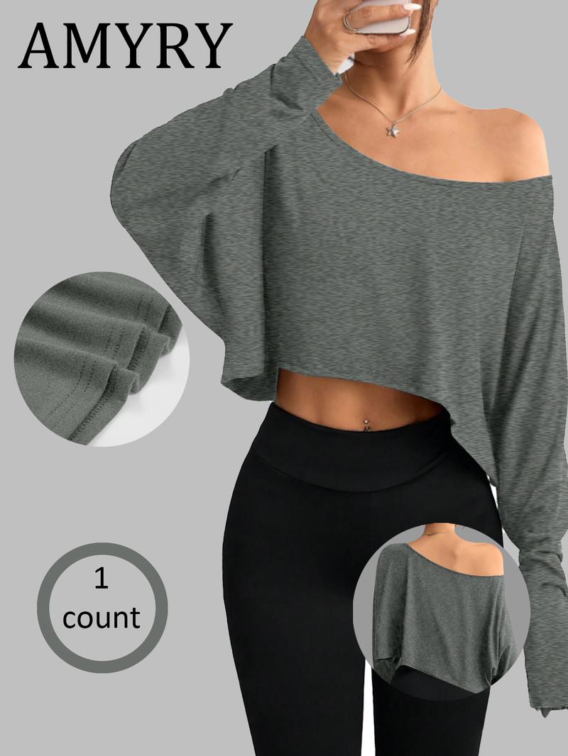Women's Solid Off Shoulder Loose Tee, Casual Long Sleeve Crop Top for Daily Holiday Outdoor Wear, Everyday Ladies Clothes for All Seasons Women's Solid Off Shoulder Loose Tee, Casual Long Sleeve Crop Top for Daily Holiday Outdoor Wear, Everyday Ladies Clothes for All Seasons