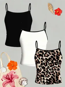 3-pack, girls' leopard print solid-color camisoles, black / leopard print / white thin adjustable shoulder straps base camisoles, Casual, suitable for all seasons, machine washable and dry cleanable