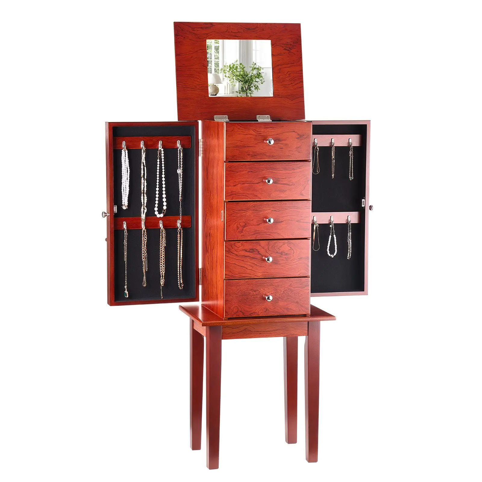 【Summerfinds】VEVOR Wooden MDF Jewelry Cabinet Armoire - Standing Storage Chest Boxes with 4 Spacious Drawers, Flip-Top Mirror, 4 Top Compartments, Zinc Alloy Handles, 2 Side Doors with 16 Necklace Hooks, 80000-90000 Cm³ Capacity, Ideal Gift