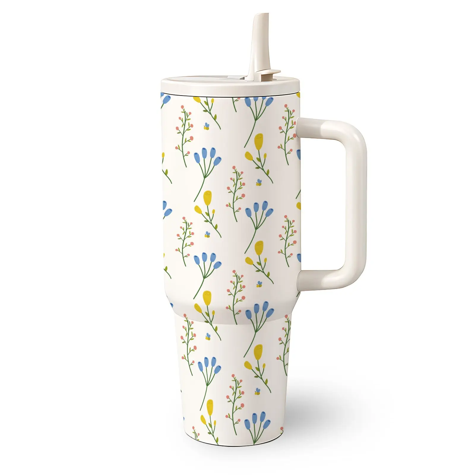 1 Pc 40 Oz Stainless Steel Tumbler with Handle and Folding Straw, Blue and Yellow Wildflower and Bee Design, Double Wall Insulated Travel Mug Flasks, Hot 12H Cold 24H, Birthday, Mother's Day, Anniversary or Holiday Gift for Friends and Family
