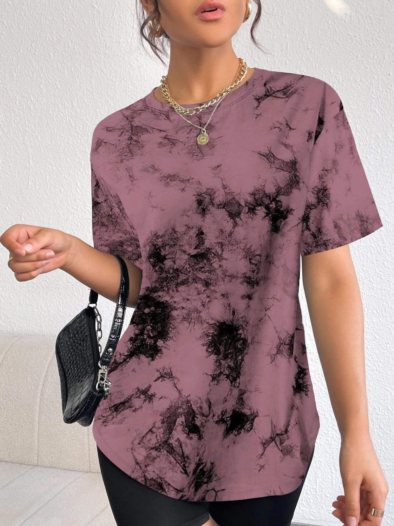 Women's Tie Dye Print Round Neck Tee, Fashion Casual Short Sleeve T-shirt for Daily Wear, Ladies Summer Clothes, Women's T Shirts, Summer Tops, Casual Everyday Wear Clothes for Women, Tshirt, Comfy Fabric, Fit, Womenswear, Casual Loose Tee