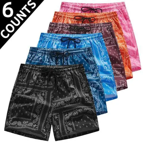 Men's 6-Piece Paisley Print Relaxed Fit Quick-Drying Breathable Gym-Ready Active Shorts Set - Adjustable Drawstring, Tropical Style, 5-Sense Gift, TikTok Store Special Offer, Men's Shorts