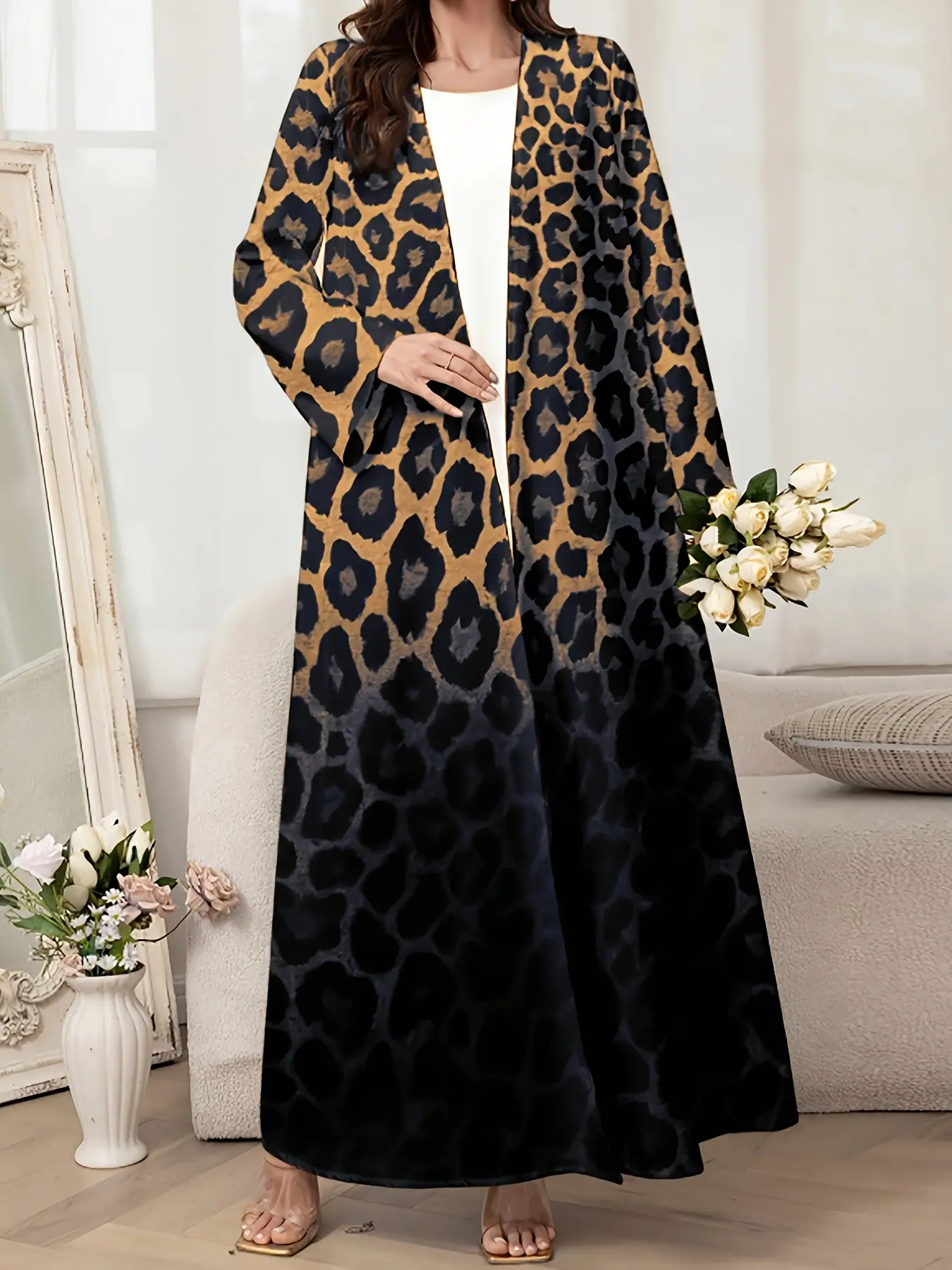 Gradient Leopard Print Long Cardigan, Middle Eastern Dubai Loose Robe Coat, Vintage Long Sleeve Shawl, Vacation Home Wear, Clothes