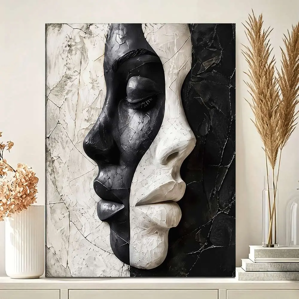 1pc 1-Piece Nordic Abstract Black & White Face & Landscape Wall Art Print - Solid Wood Frame Vertical Portrait, Home Inspo Indoor Narrow Space Decor, Scandinavian Housewarming Gift, Nature Art