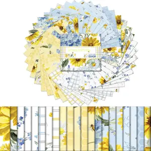 50Pcs Bee and Flower Theme Fabric Squares 3.93x3.93 Inch Precut Quilting Fabric Bundle with Sewing Kit Cotton Patches for Beginner DIY Crafting