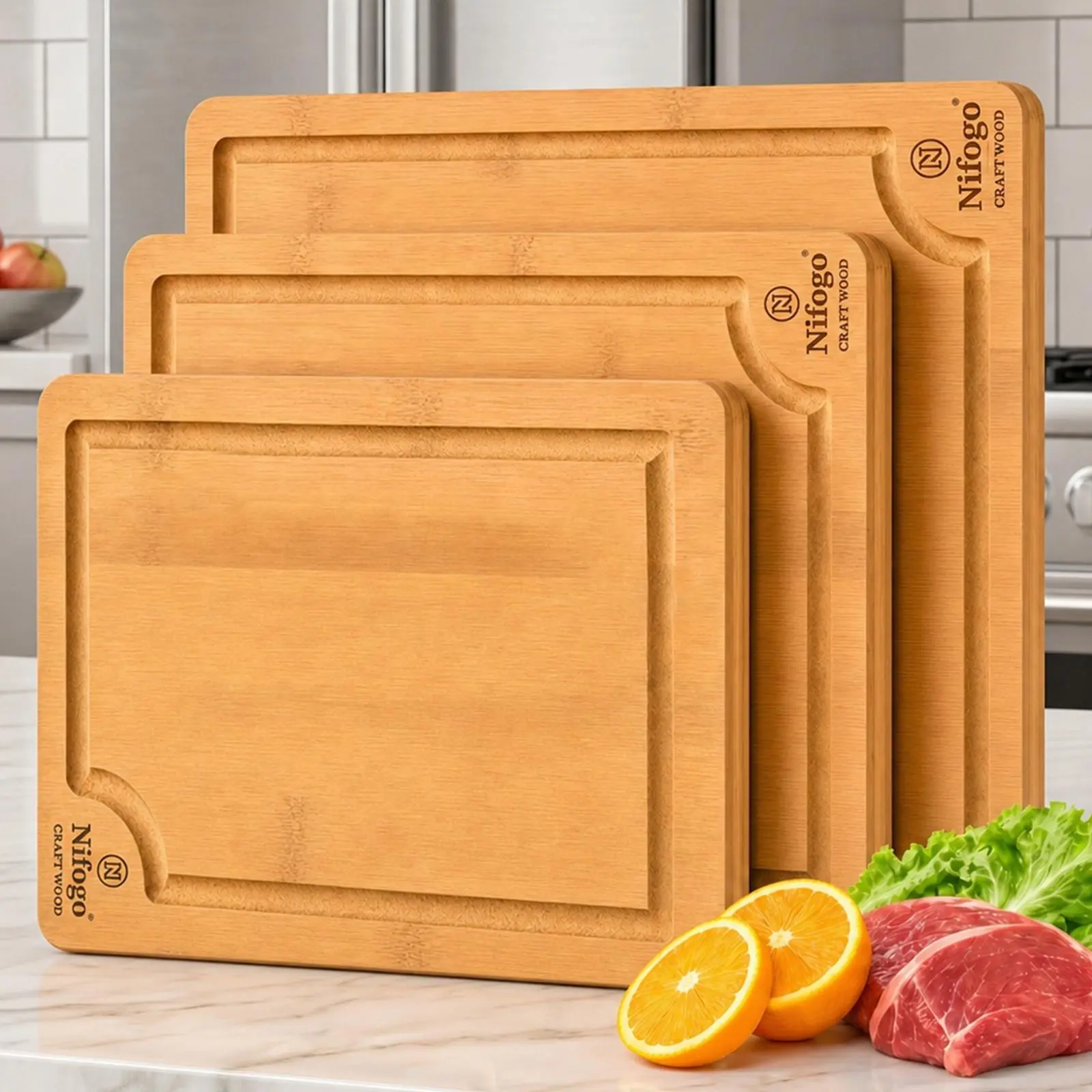 Bamboo Chopping Board Set Nifogo 3 4 5 Pack with Deep Juice Groove Non Slip Durable Cutting Boards Eco Friendly Space Saving Kitchen Accessories for Daily Cooking Food Preparation