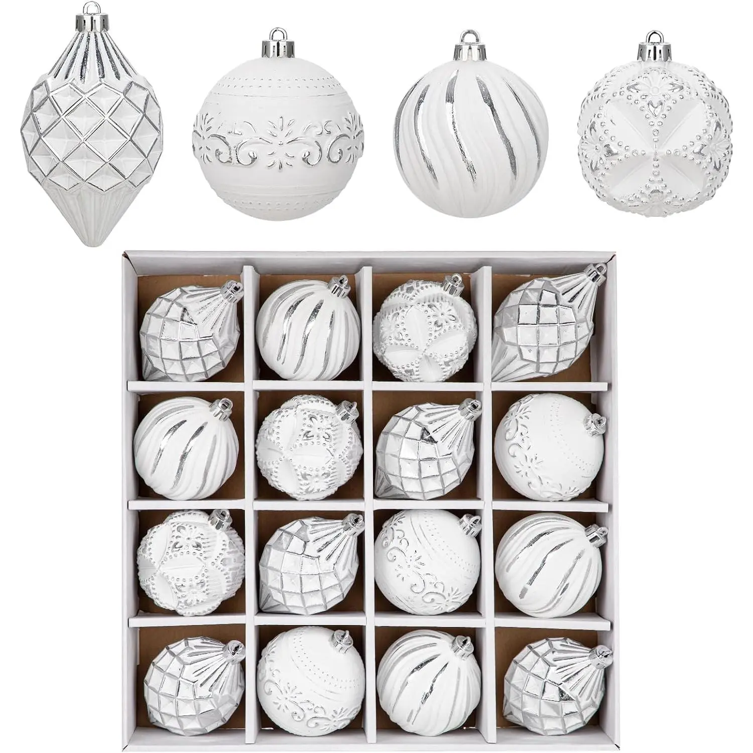 Shatterproof White Christmas Ball Ornaments Set - 16-Count, Multi-Size, Hand-Painted Modern Synthetic Holiday Decor with Box for Christmas Tree, Thanksgiving Party