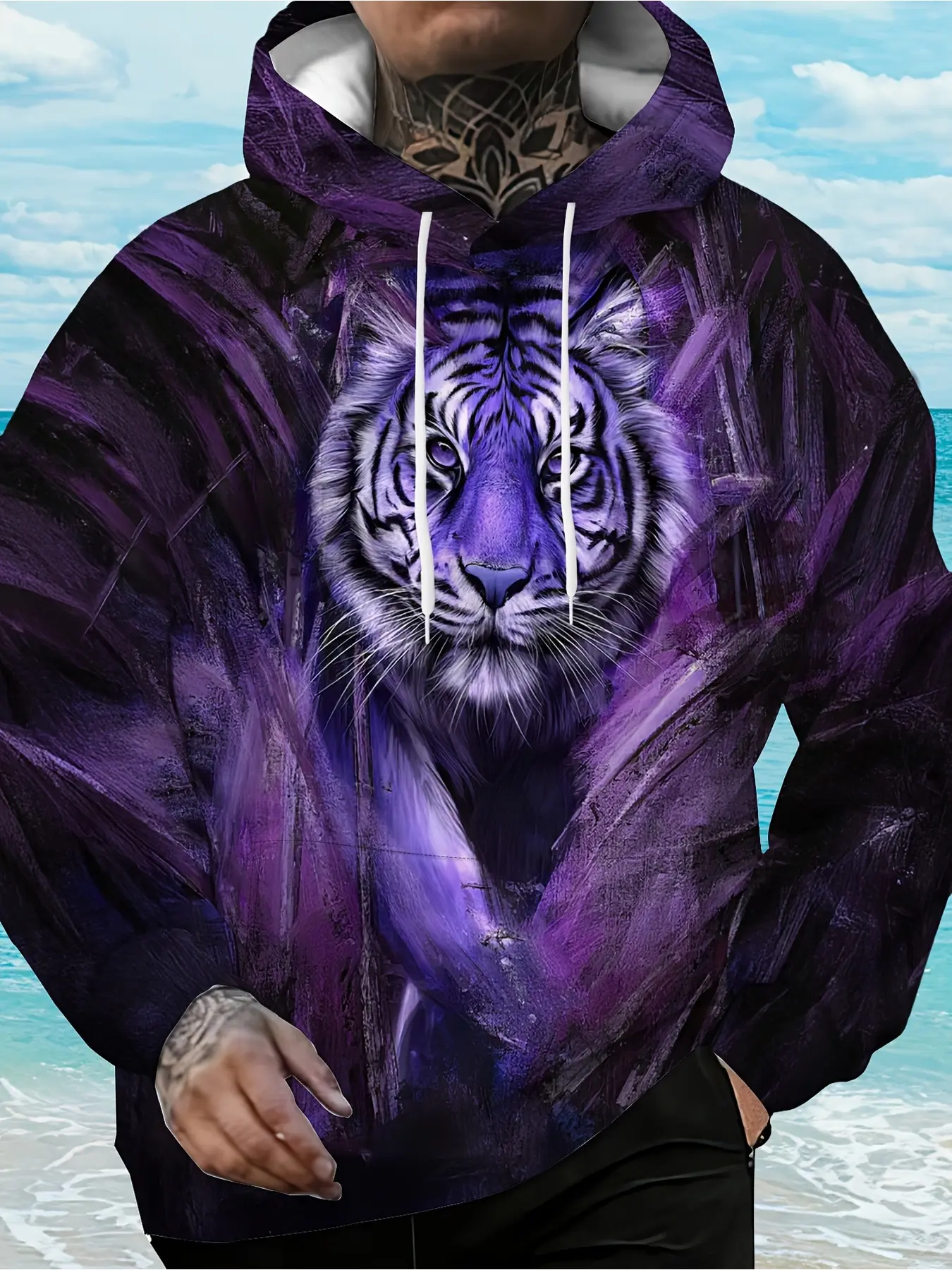 Men'S Plus Size 3D Black Purple Tiger Premium High-Definition Print Spring/Autumn Plus Size Sweatshirt