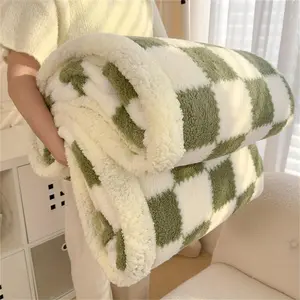Luxurious-Layer Checkered Plush Blanket/Cozy & Warm/All-Season Throw for Bed or Sofa/Machine Washable/Soft