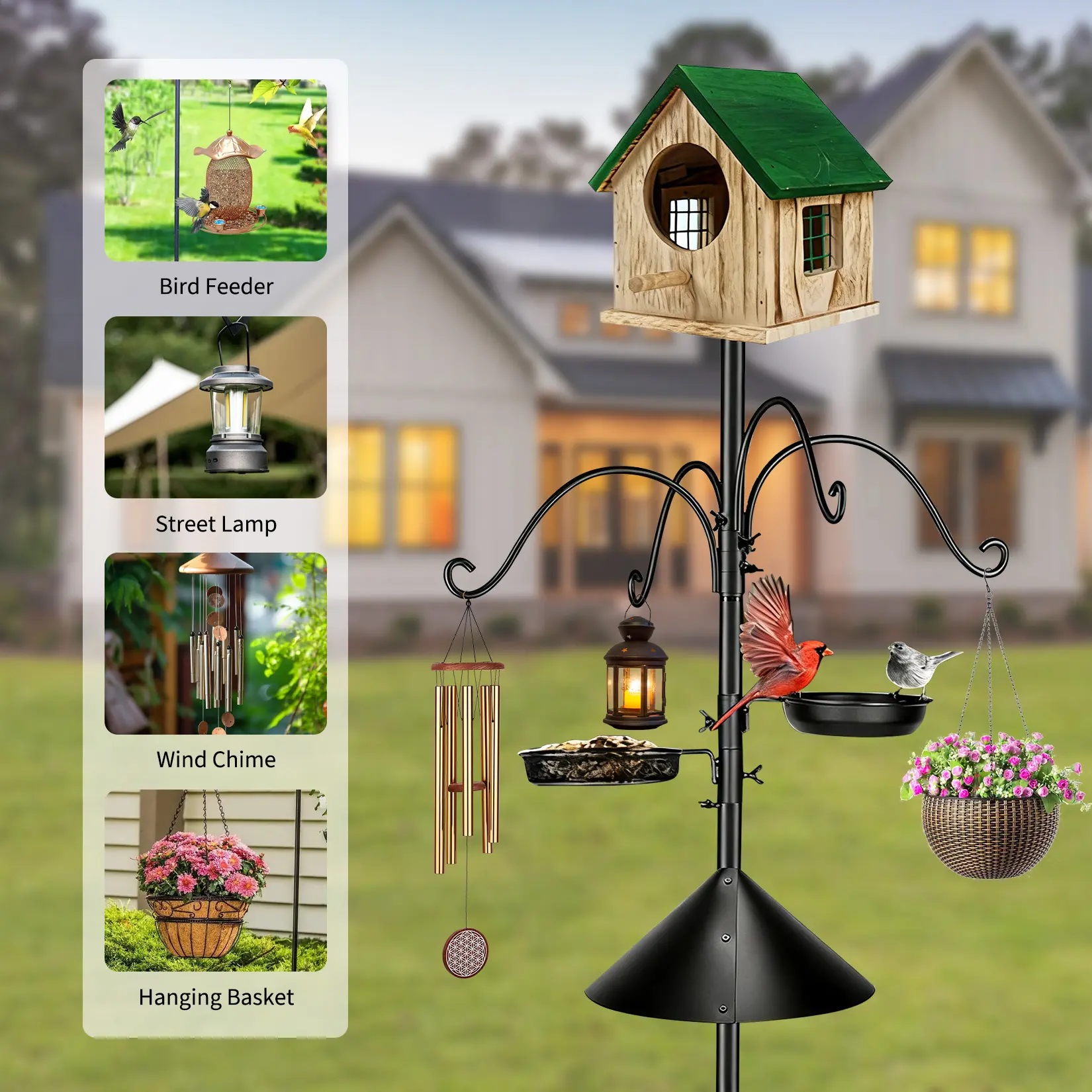 92 Inch Heavy Duty Bird Feeder Pole with 4 Hooks, 25mm Black Metal Stand Reinforced Base, Adjustable Height Detachable Tray & Bird Bath, Squirrel Proof Backyard Bird Feeding Station