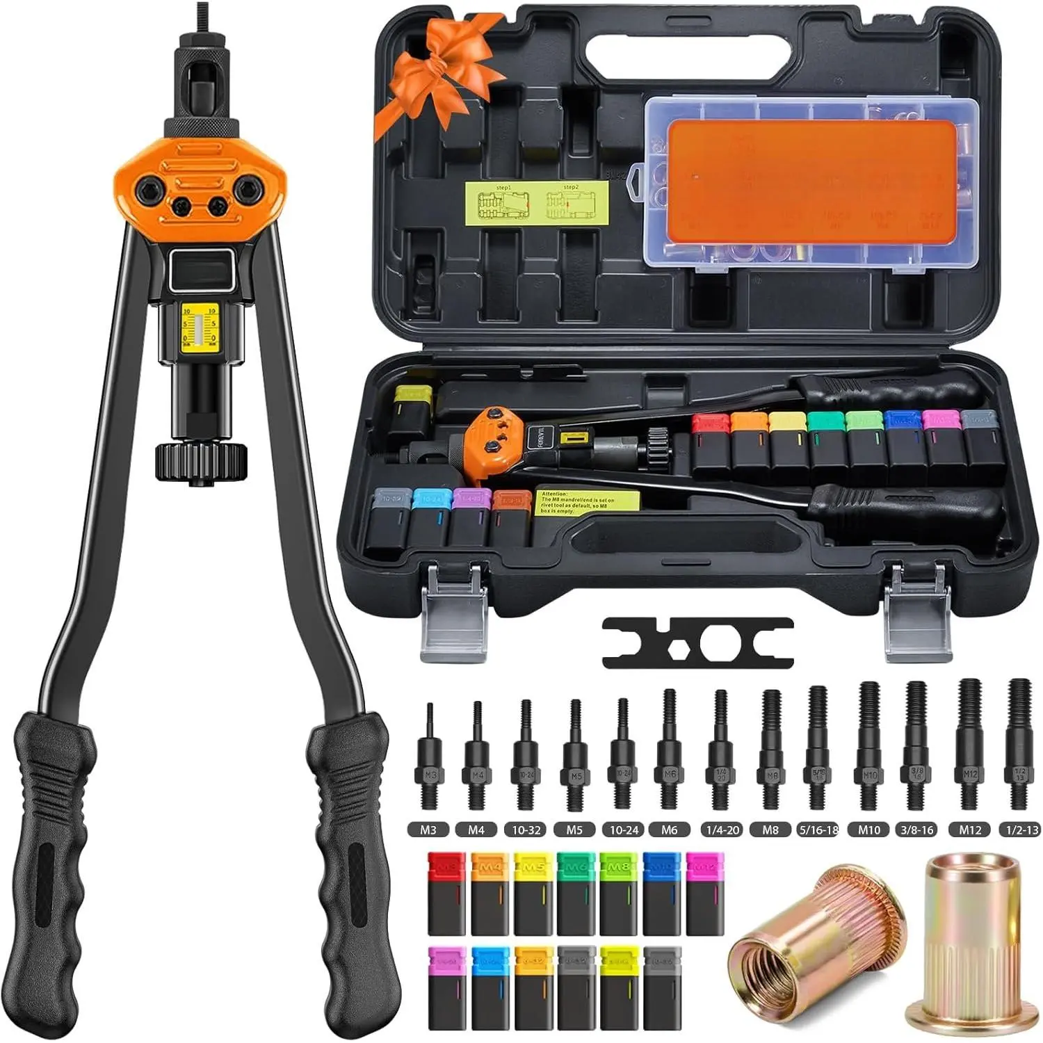 Rivet Nut Tool Kit, 16-Inch Rivnut Tool Kit with 13 Metric and SAE Mandrels, Manual Nutsert Tool with 150 count Rivnuts  Kit for DIY, Auto & Metal Repairs
