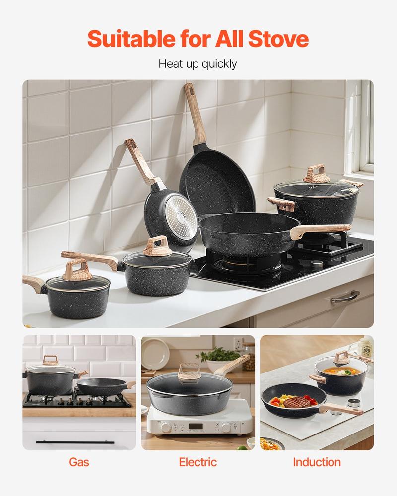 VEVOR 17 Piece Pots and Pans Set Nonstick, Granite Cookware Set, Induction Cookwares, Kitchen RV Cooking Sets with Frying, Sauce, Saute, Tempered Glass Lids, and Pan Protectors, Black