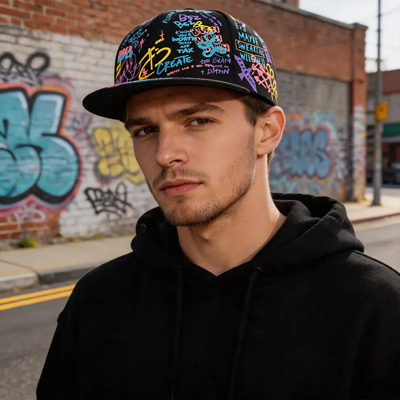 Streetwear Mens Hats, Luminous Neon Graffiti Snapback Cap with Flat Bill, Adjustable Urban Art Style, Engagement Gift, Anniversary, Memorial Day
