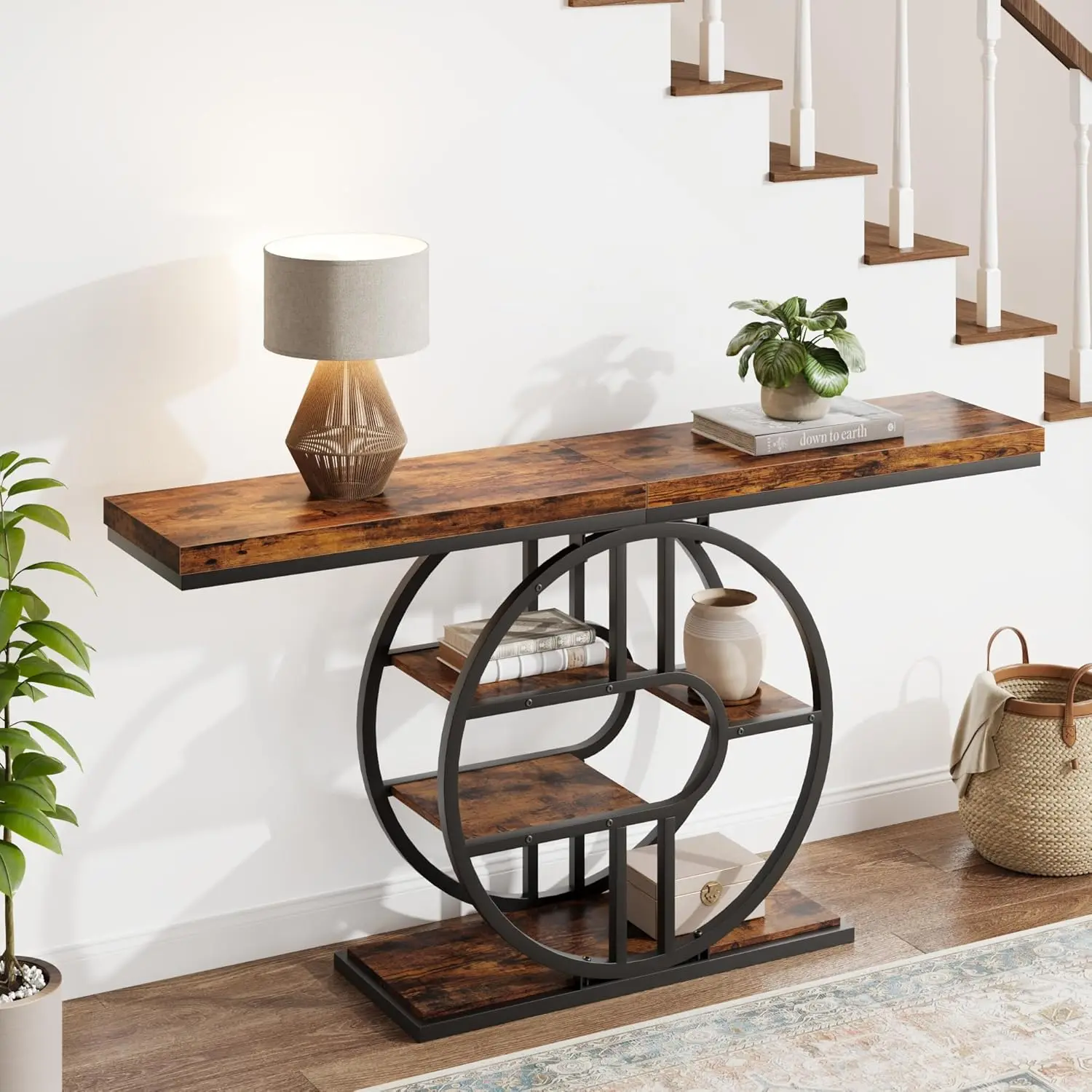 55" Industrial Narrow Entryway Table with 5-Tier Storage - Heavy-Duty o-Shaped Metal Frame Console Table for Hallway, Living Room & Couch Behind, Space-Saving Long Entrance Table for Small Spaces