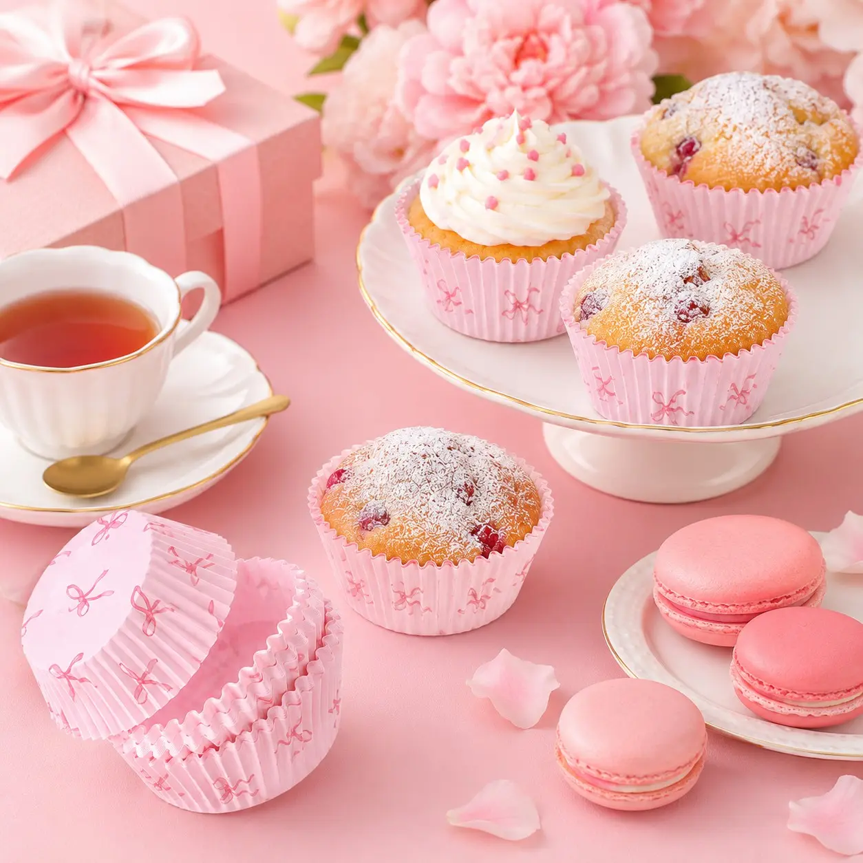 100-Pack Pink Bow Cupcake Liners, Small Paper Baking Cups for Muffins, Cupcakes, Birthdays, Parties and Dessert Tables