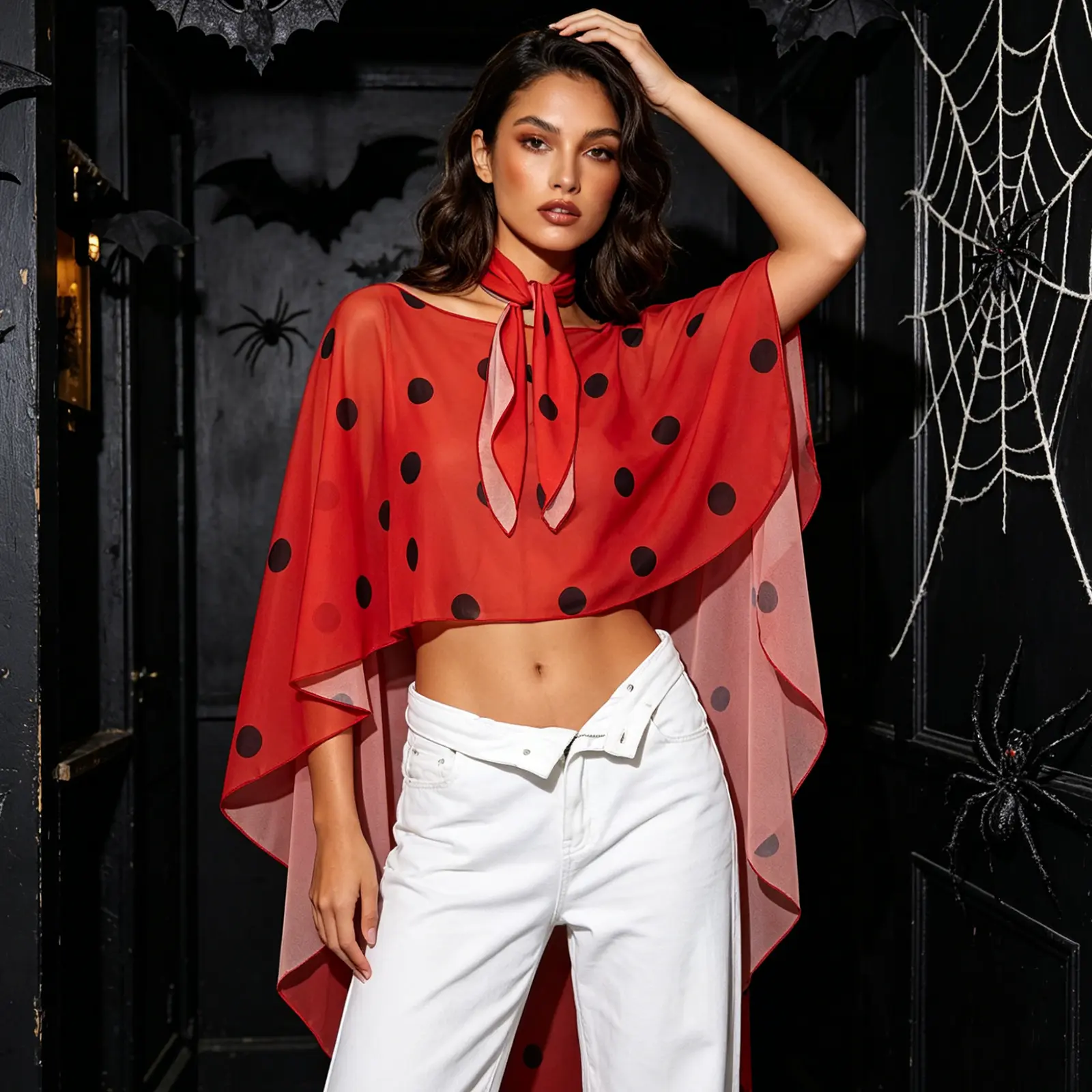 Red Dotted Sheer Cape with Headwear Lightweight Halloween Shawl for Costume Parties